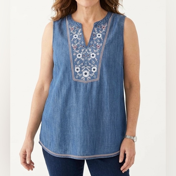 J. Jill Tops - Till Denim Chambray Sleeveless Top Women's Size XL Floral
Embroidered Boho